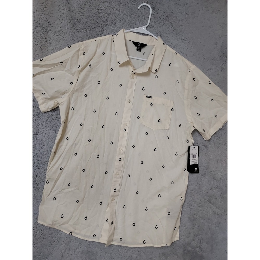 NEW Volcom Shirt Mens XL Short Sleeve Button Up Logo Print Cream Surfer Beach